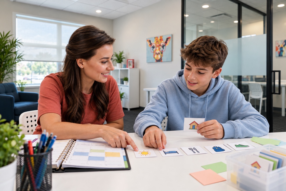 Scène illustrative : une intervenante et un adolescent organisent une routine avec des repères visuels