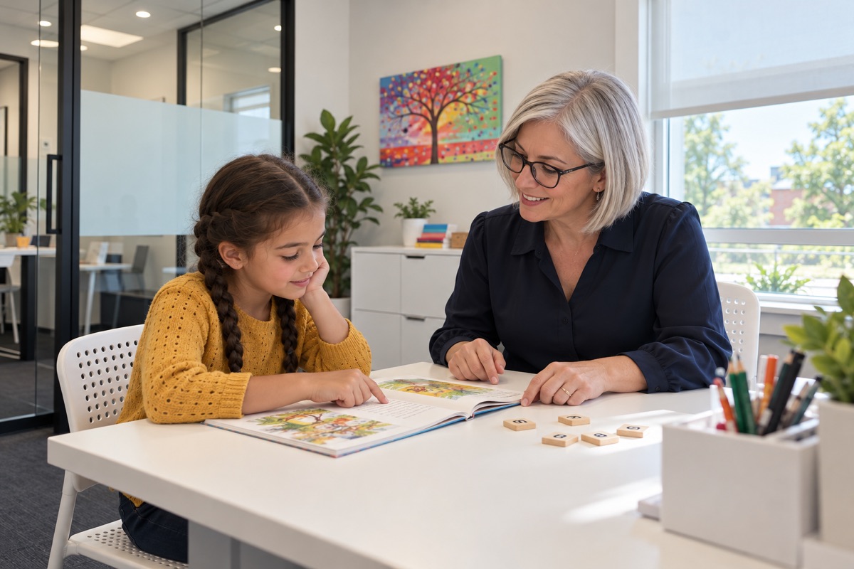 Scène illustrative : une professionnelle et une enfant travaillent la lecture