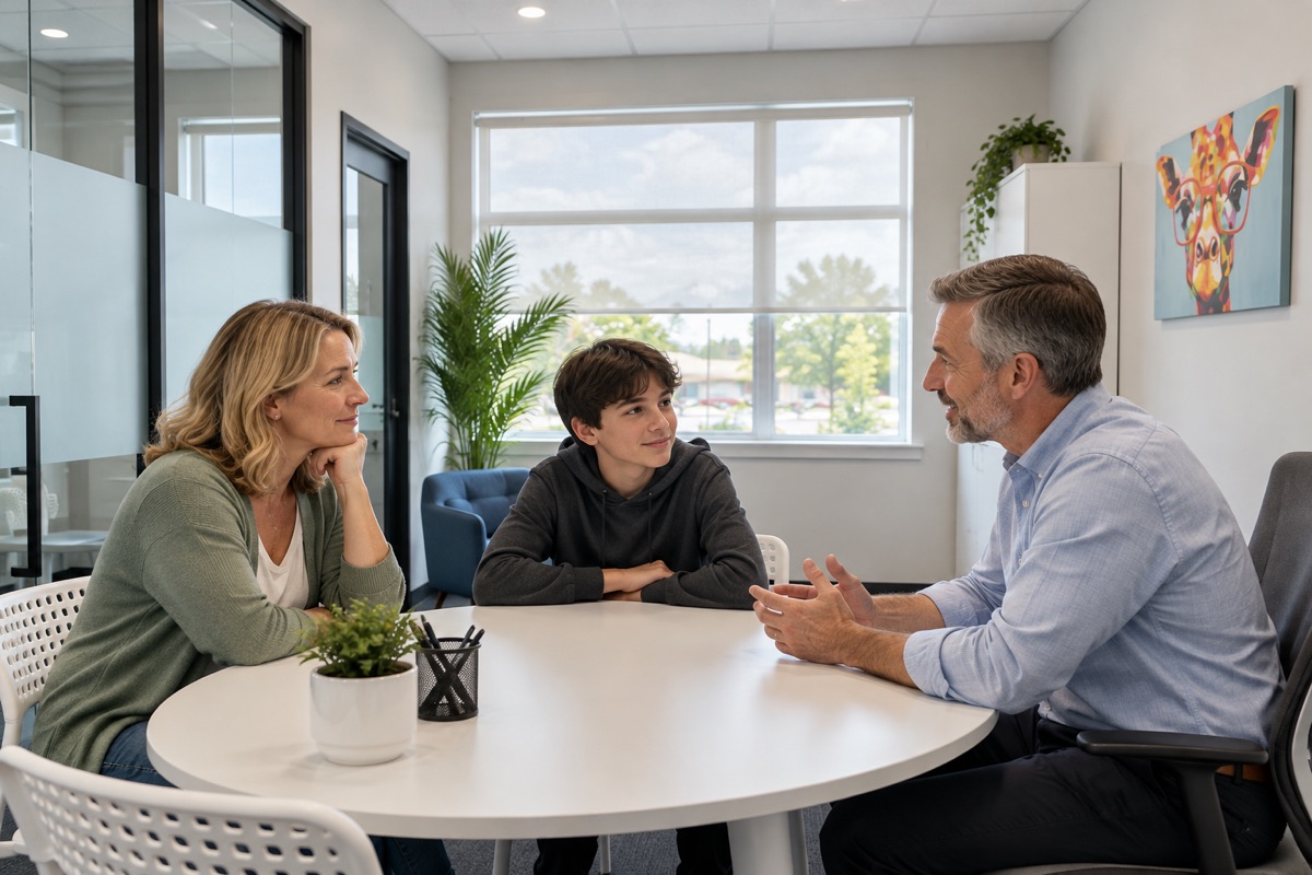 Scène illustrative : un professionnel échange avec un adolescent et une adulte