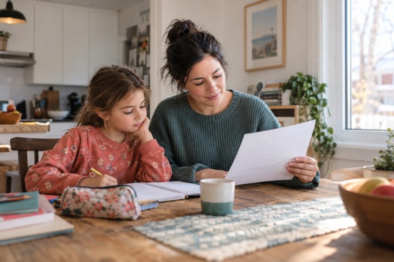 Scène illustrative : une mère et sa fille consultent un document