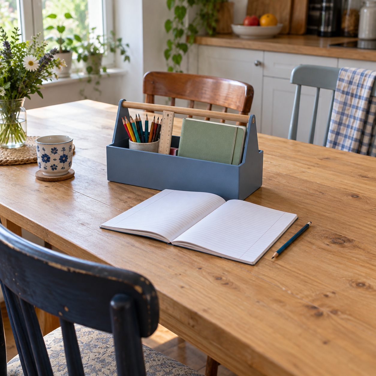Un panier de fournitures et un cahier ouvert sur une table familiale.