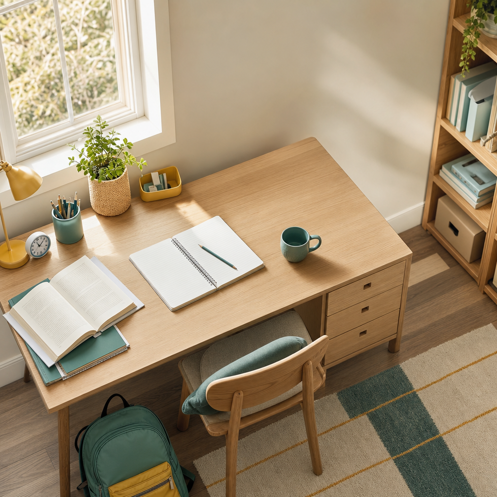 Illustration générée d’un bureau près d’une fenêtre, avec un cahier, un crayon, des livres et un sac à dos, dans des tons bois, sarcelle et jaune.