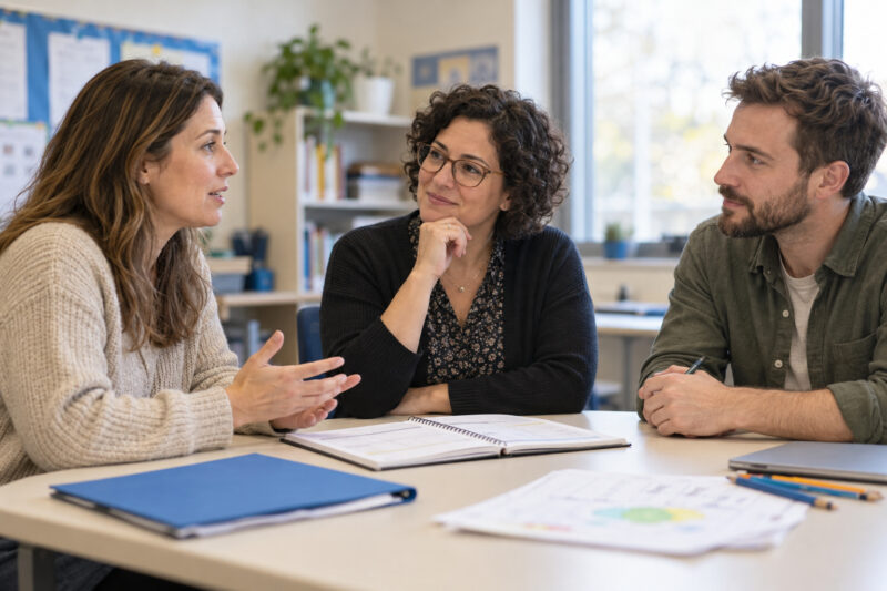 Scène illustrative générée : une mère échange avec deux professionnels autour de documents lors d’une rencontre de plan d’intervention.